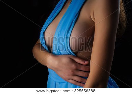 Perfect Sexy Womans Body Close Up In A Blue Chiffon Evening Cocktail Dress With Big Breasts Model Si