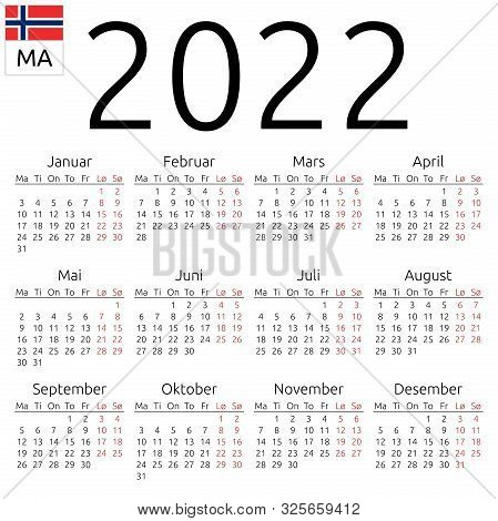 Simple Annual 2022 Year Wall Calendar. Norwegian Language. Week Starts On Monday. Highlighted Saturd