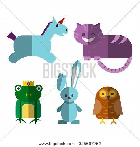 Cute Flat Vector Illustration Of Magical Animals - Cheshire Cat, Unicorn, Illusionist Rabbit, Owl An