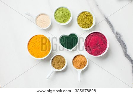 Superfood Smoothie Boosters, Various Dietary Supplements In Bowls