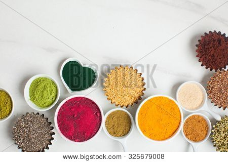 Superfood Smoothie Boosters, Various Dietary Supplements In Bowls