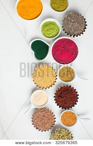 Superfood Smoothie Boosters, Various Dietary Supplements In Bowls