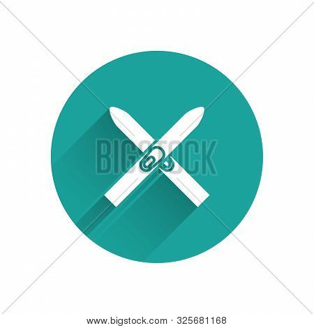 White Ski And Sticks Icon Isolated With Long Shadow. Extreme Sport. Skiing Equipment. Winter Sports 
