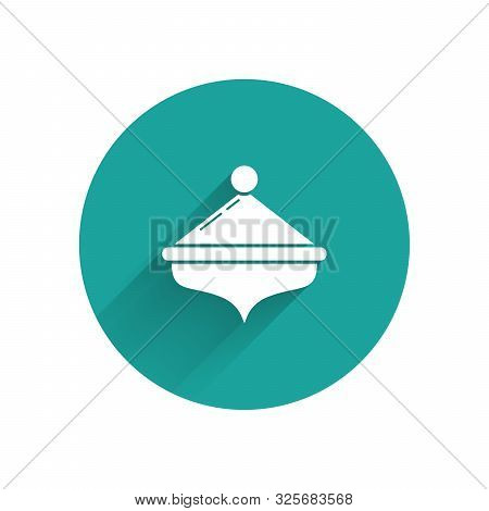White Hanukkah Dreidel Icon Isolated With Long Shadow. Green Circle Button. Vector Illustration