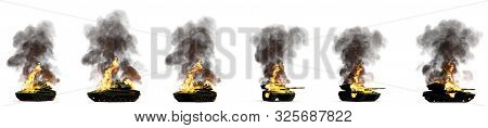 Army Tank With Fictive Design Burning Destroyed In Combat Isolated On White, Highly Detailed Militar