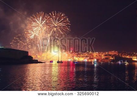 Malta Valletta Night Festival Of Fireworks. Travel Concept