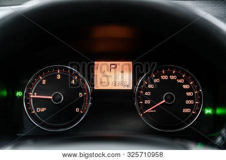 Novosibirsk, Russia - September 11, 2019:  Actyon Ssangyong, Close Up Instrument Automobile Panel Wi