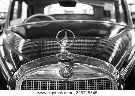 Nakhon Pathom, Thailand - August 3, 2019: Mercedes Benz 300b Badge In Black And White Color Exhibit 