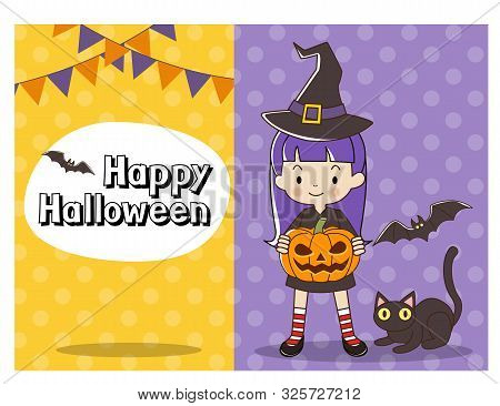 Cute Witch Girl With Pumpkin For Happy Halloween.