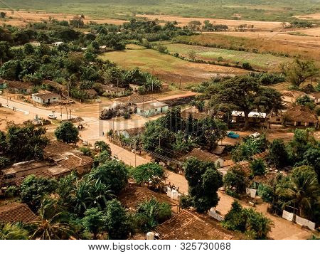 Beautiful Small Green Village From Above. Old Manaca Iznaga Tower. Slavery Near Trinidad, Cuba And T