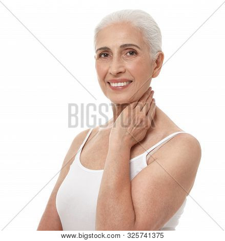 Portrait Of Beautiful Mature Woman On White Background