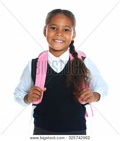 Happy African-american Girl In School Uniform On White Background