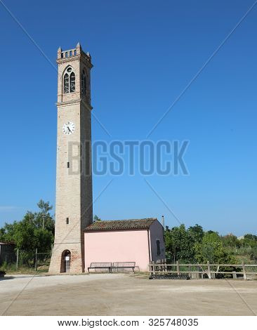 High Bell Tower On The Town Square Of Lio Piccoli A Small Village In Northern Italy Near Venice Isla