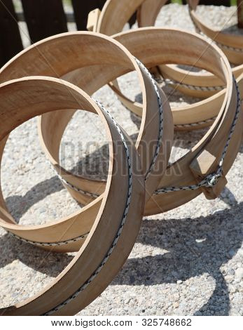 Many Circular Wooden Tools To Make Cheese At Cheese Factory In Mountain