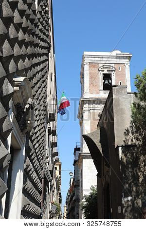 Tower Of Saint Chiara In Naples In Italy On The Road Called Spaccanapoli