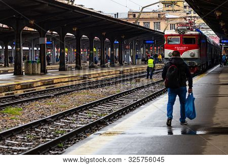 Train On The Platform Of Bucharest North Railway Station (gara De Nord Bucuresti) In Bucharest, Roma