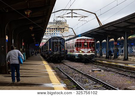 Train On The Platform Of Bucharest North Railway Station (gara De Nord Bucuresti) In Bucharest, Roma
