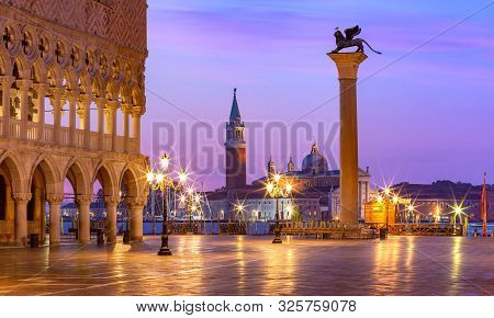 Doge Palace And Column Of San Marco On Piazzeta San Marco At Sunrise In Venice, Italy. San Giorgio D