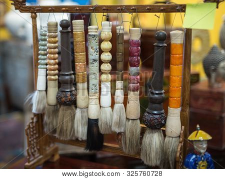 Antique And Colorful Japanese Handmade  Brushes For Ideograms.