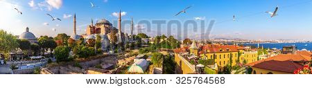 Hagia Sofia, Old Turkish Hammam And The Bosphorus, Beautiful Istanbul Panorama
