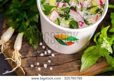 Russia St. Petersburg Greenbox 01102019 Okrosha Soup Fresh Cucumbers, Radish, Herbs, In A Cardboard 