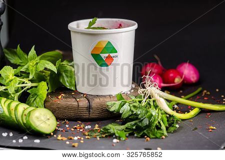 Russia St. Petersburg Greenbox 01102019 Beetroot Soup With Beets, Fresh Cucumbers, Greens, In Cardbo