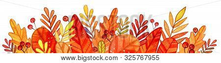Autumn Stylized Leaves Border In A Watercolor Style. Bright Autumn Frame With Leaves And Berries Of 