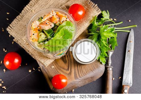Russia St. Petersburg Greenbox 01102019 Italian Salad With Olives, Cereals, In A Plastic Container, 