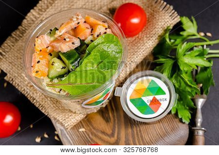 Russia St. Petersburg Greenbox 01102019 Italian Salad With Olives, Cereals, In A Plastic Container, 