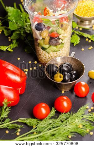 Russia St. Petersburg Greenbox 01102019 Italian Salad With Olives, Cereals, In A Plastic Container, 