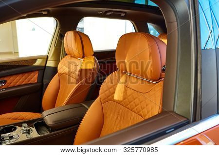 Car Leather Headrest. Interior Detail. Shallow Dof.