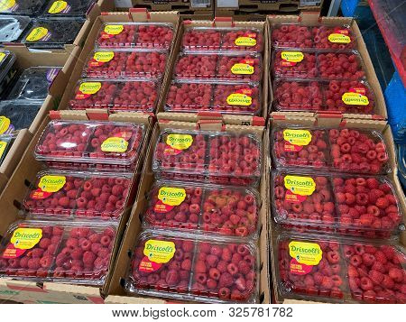 Orlando,fl/usa -10/4/19:  Boxes Of Raspberries And Blackberries At The Fresh Produce Aisle Of A Sams