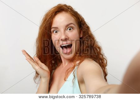 Close Up Young Excited Redhead Woman Girl In Casual Light Clothes Posing Isolated On White Backgroun