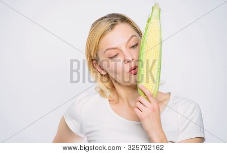 The Flavor Is So Rich. Healthy Teeth. Hunger. Corn Crop. Vitamin And Dieting Food. Woman Eating Corn