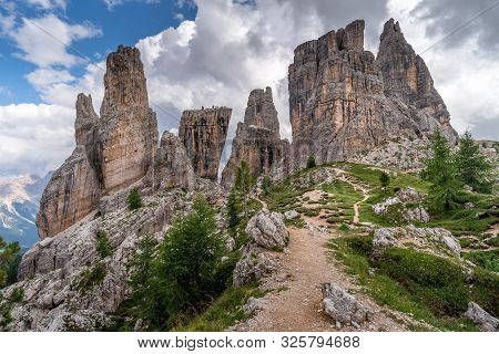 A Beautiful Landscape Of The Cinque Torri In Sunny Day With Blue Sky At Dolomites In Italy.