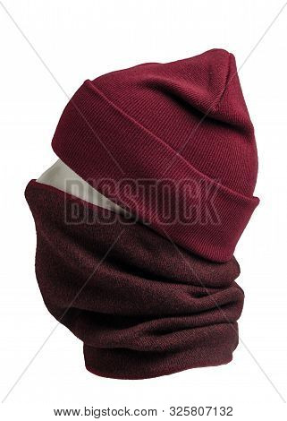 Red Hat And Scarf Isolated On White Background.knitted Set Of Hats And Scarf.winter Accessories Side