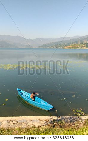 Pokhara, Nepal - November 4, 2017: The Athmosphere Around Phewa Lake Pokhara Nepal.