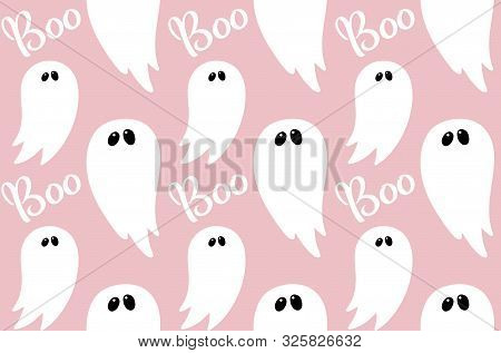 Ghost Seamless Pattern On Pink With Hand Drawn Text Boo For Children Halloween Party Paper, Holiday 
