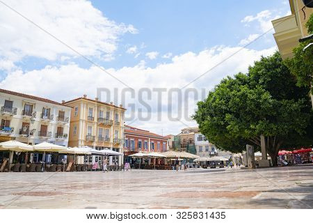 Nafplio Greece - July 18 2019; Greek Tourist Village Of Nafplio Street Scene  In Town Square Empty I