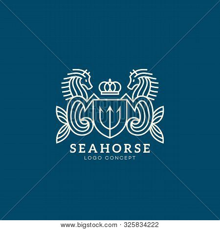 Seahorse Logo Design Template With Shield And Crown. Vector Illustration.