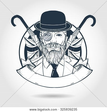 Hand Drawn Sketch, British Man With Beard And Mustaches And Umbrella And Hat. Poster, Flyer Design
