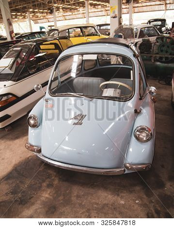 Nakhon Pathom, Thailand - August 3, 2019: Vintage Heinkel Trojan Bubble Car Exhibit At Vintage Car C