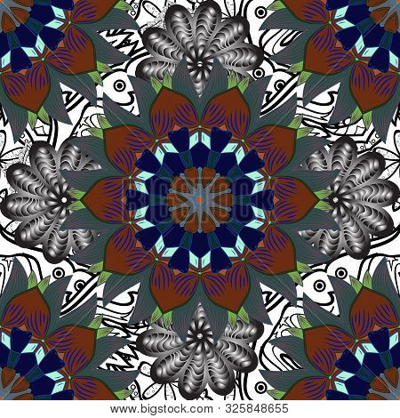 Vector Traditional Folk Flowers Bouquet On Gray, Blue And Brown Colors For Textile Design. Embroider