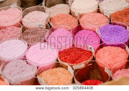 Colorful Glass Beads Pattern. Beading. Variety Of Color Beads In Handmade Shop.