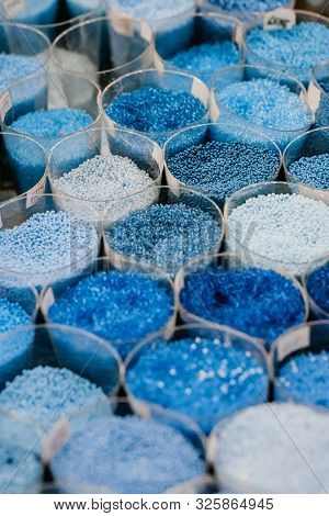 Colorful Glass Beads Pattern. Beading. Variety Of Color Beads In Handmade Shop.
