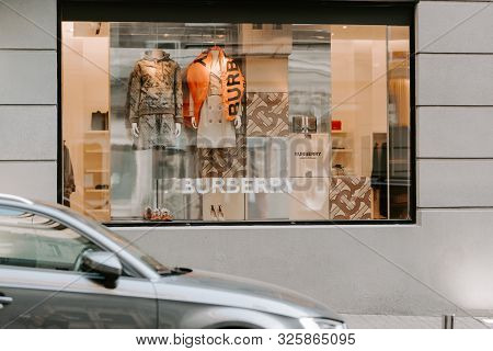 Burberry  London Store Boutique Display Window. Signboard Logo Brend Sign And Showcase Window Of Bur