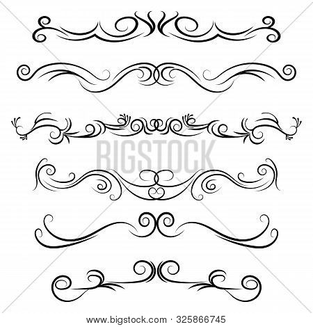 Hand Drawn Vector Dividers. Decorative Swirls Lines, Flourished Borders And Curl Set. Design Element