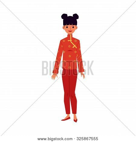 Cartoon Woman In Traditional Red Chinese Qipao Or Cheongsam