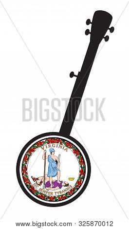 A Typical Five String Banjo In Silhouette On A White Background Woth The Icon From The State Seal Of