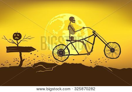 The Skeleton Rides A Motorcycle Frame On A Bad Road To The Halloween.